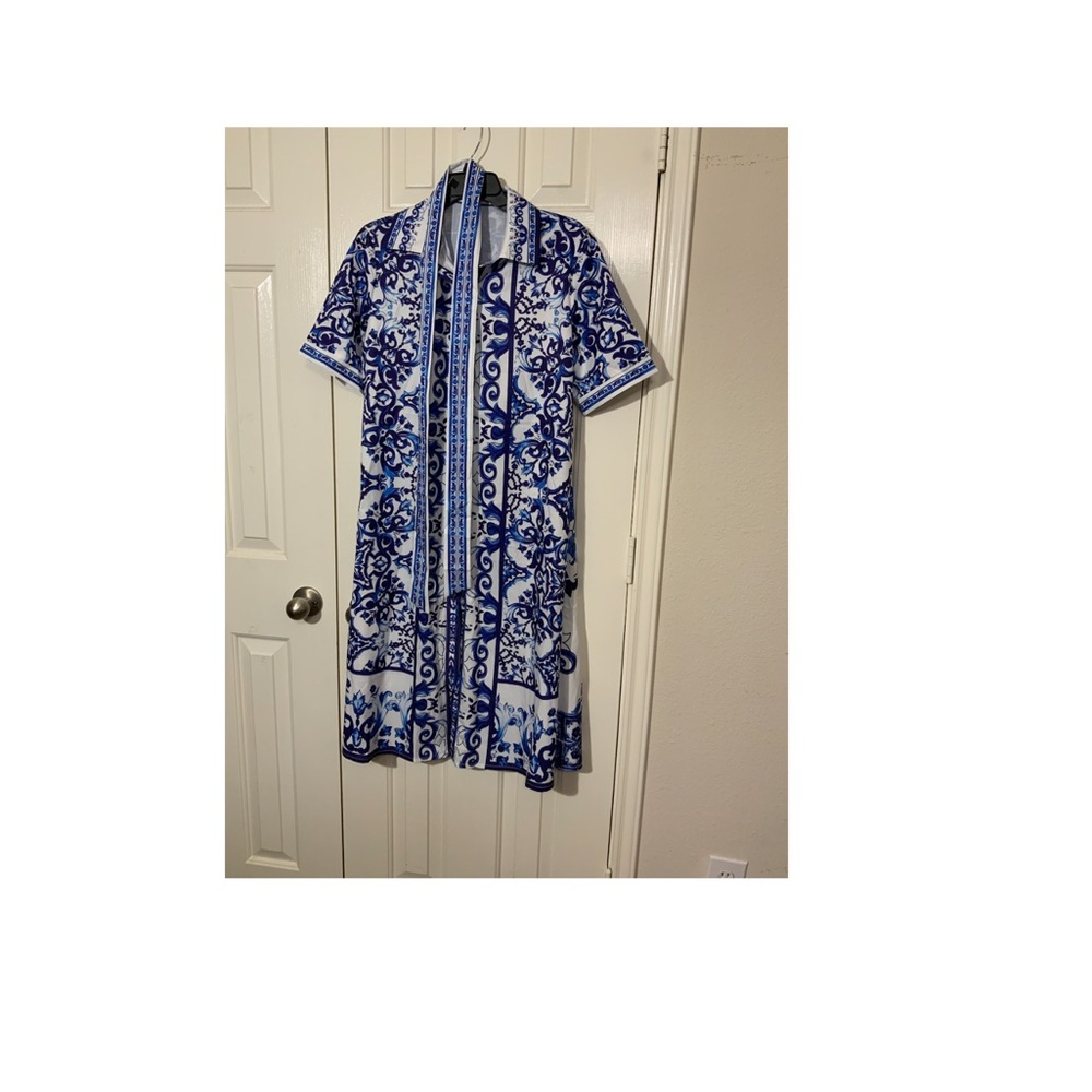 NWOT Royal Blue And White Midi Dress With Belt Tie